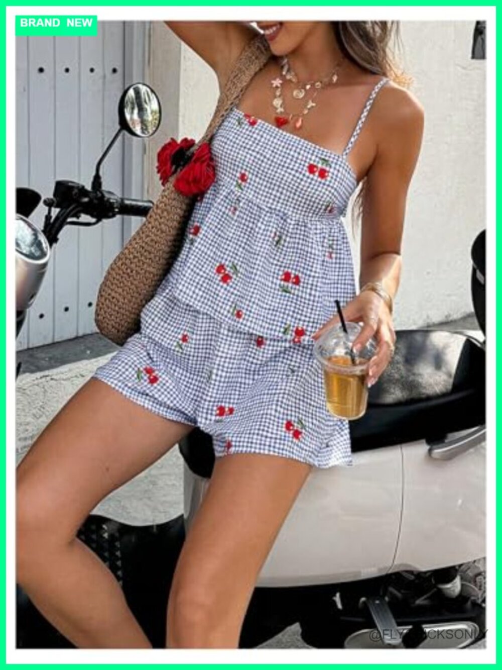 2 Piece Gingham Cherry Print Babydoll Camisole Shorts Set Summer Outfit - Picture 5 of 5